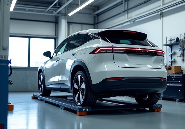 A modern electric vehicle on a service lift at Causeway Motors.